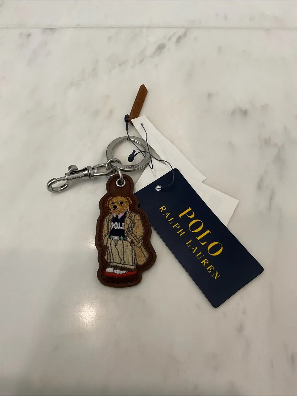 NEW Polo Ralph Lauren COLLEGIATE BEAR - LEATHER Key Ring Keychain - BROWN